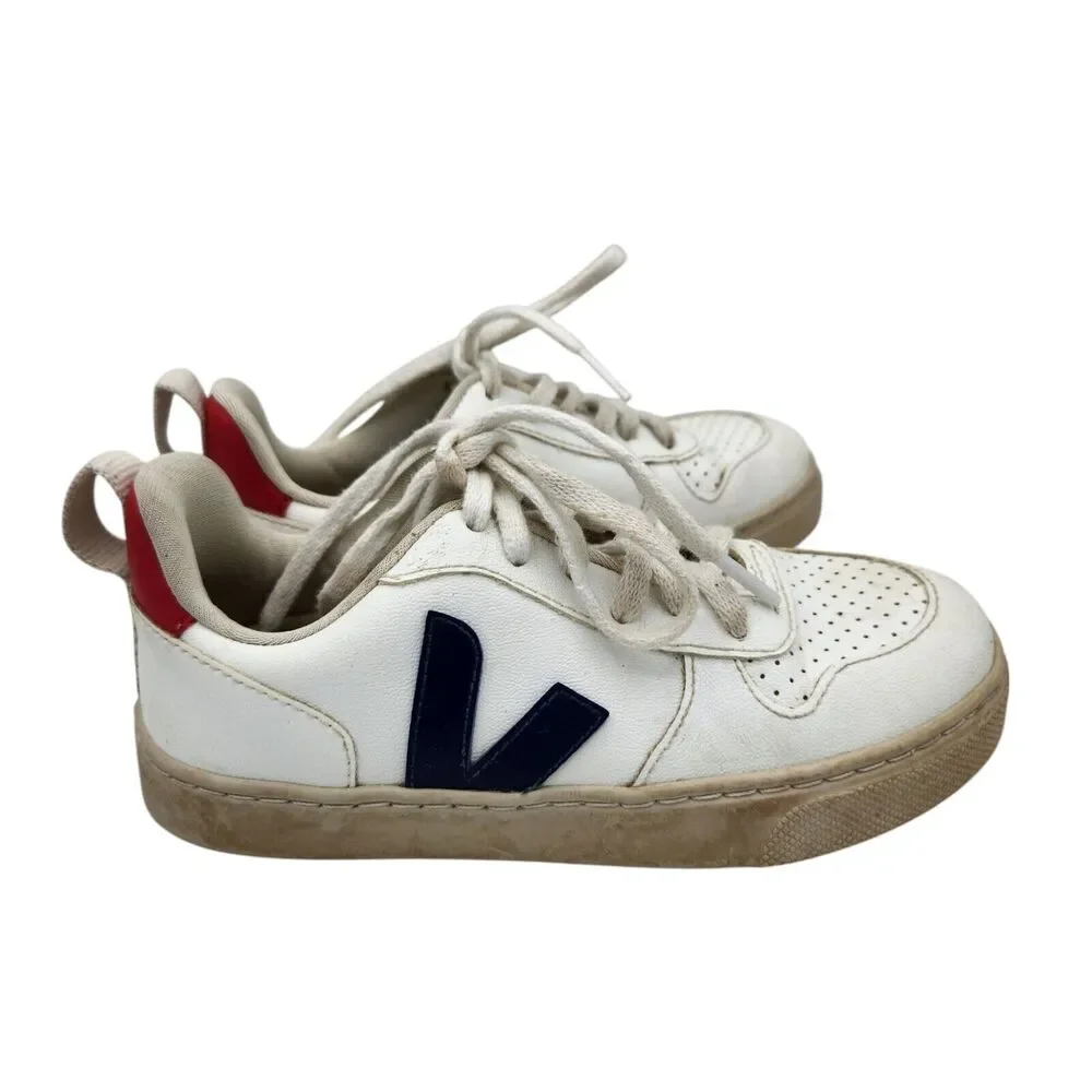 Veja Kids Size 13.5 V-10 Leather Lace Up Sneakers White‎ Blue Red